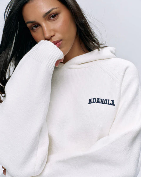 Varsity Oversized Knit Hoodie - Cream/Navy Blue