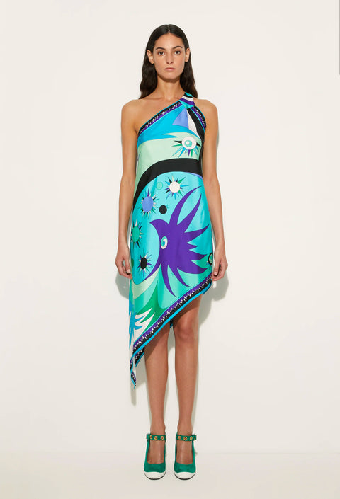 STELLA PRINT ASYMMETRICAL SILK TWILL DRESS