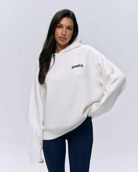 Varsity Oversized Knit Hoodie - Cream/Navy Blue