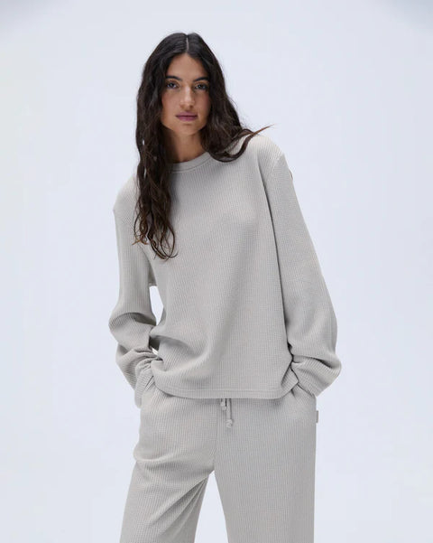 تي شيرت وافل بأكمام طويلة - حجري