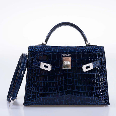 Hermès Kelly 20 Mini II Sellier Blue Sapphire Porosus Crocodile White Gold Hardware with Diamonds