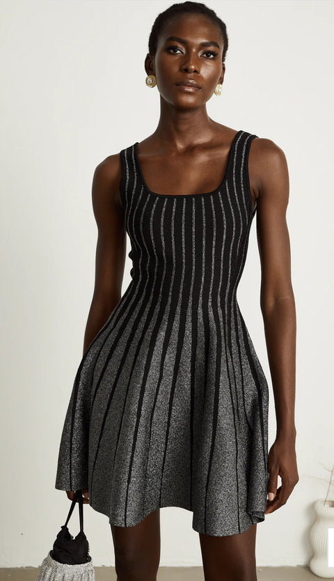 black glittered flared mini dress