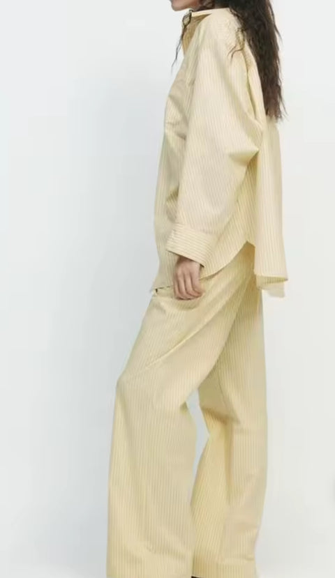 Butter Yellow Set - 2 Set ( long sleeve striped shirt and high waist trousers )