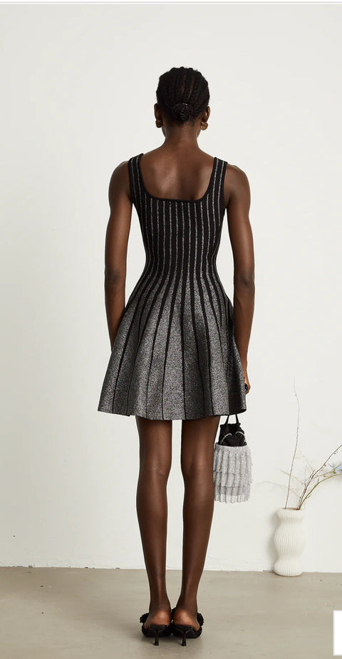 black glittered flared mini dress