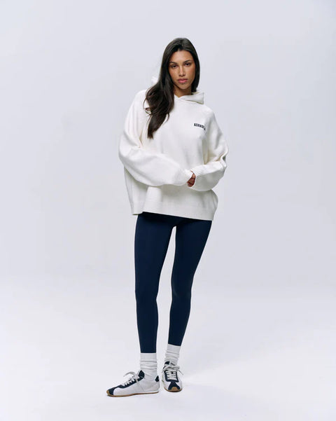 Varsity Oversized Knit Hoodie - Cream/Navy Blue
