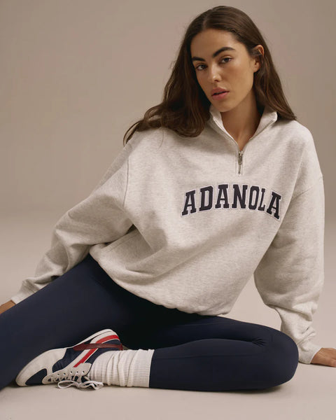 Varsity Relaxed Funnel Neck Zip Sweatshirt - Light Grey Melange/Navy Blue