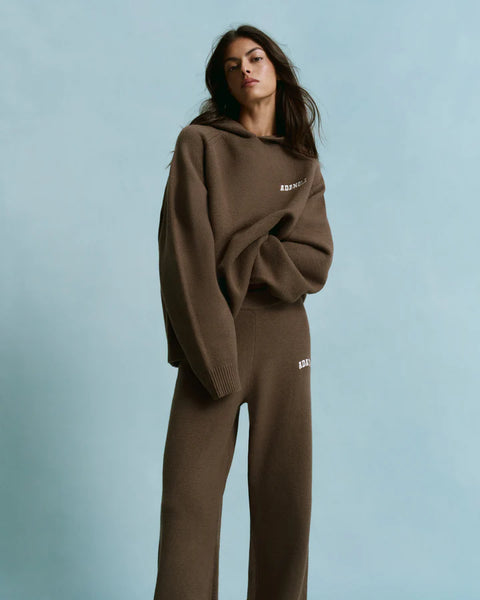 Chest Varsity Oversized Knit Hoodie - Dark Cocoa Brown/Marshmallow White