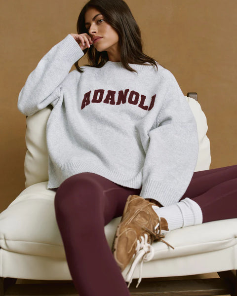 Varsity Boucle Oversized Knit Sweatshirt - Light Grey Melange/Burgundy